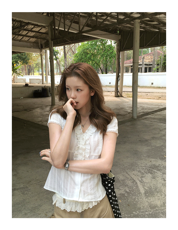 Tuuuh женская белая рубашка с французскими рюшами летняя V-образный вырез приталенная универсальная короткий рукав блузка