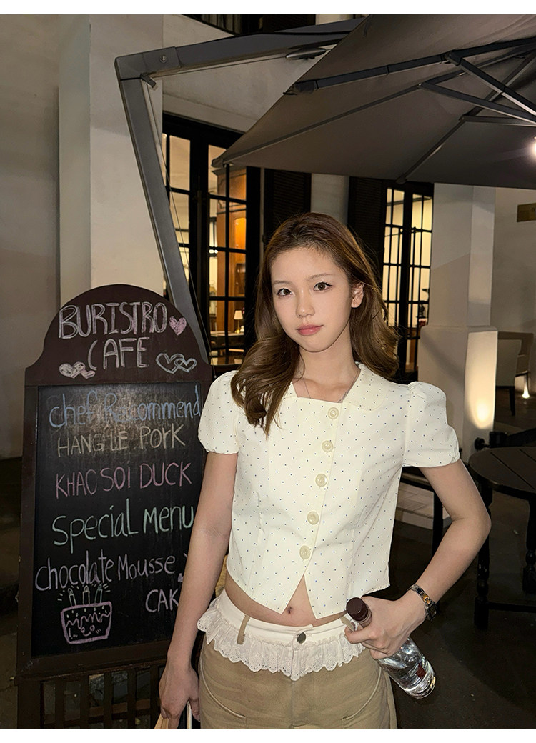 Tuuuh рубашка женская с коротким рукавом и воротником-стойкой в горошек приталенная летняя