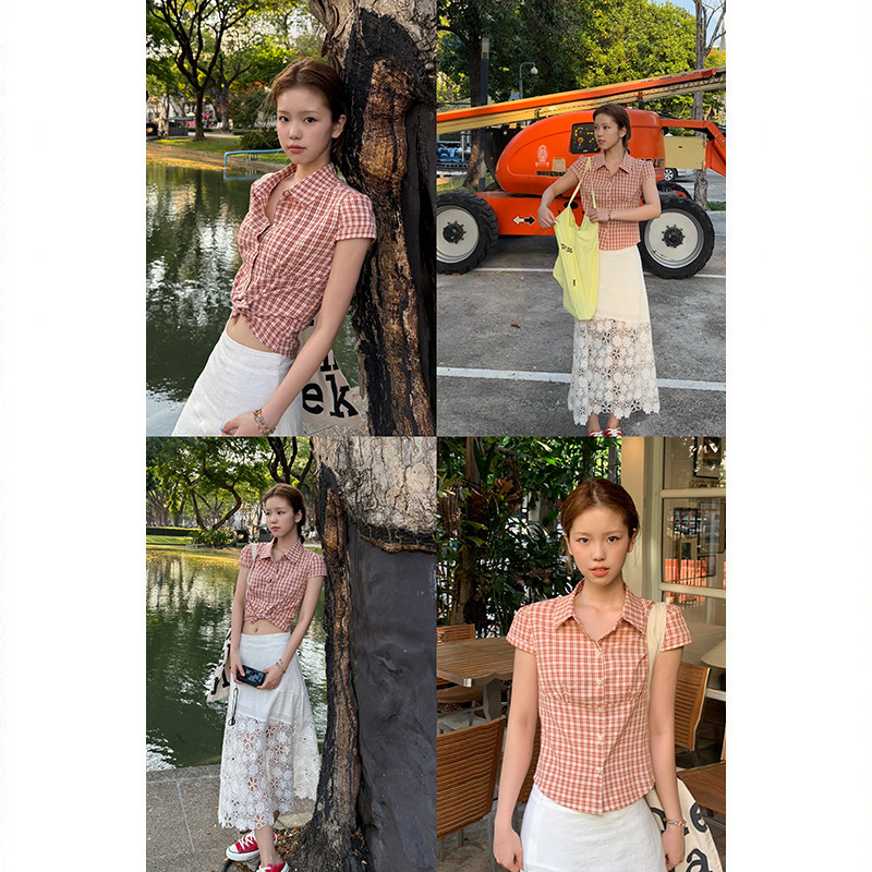 Tuuuh рубашка женская клетчатая с отложным воротником короткая с коротким рукавом весна-лето корейский стиль приталенная офисная блузка