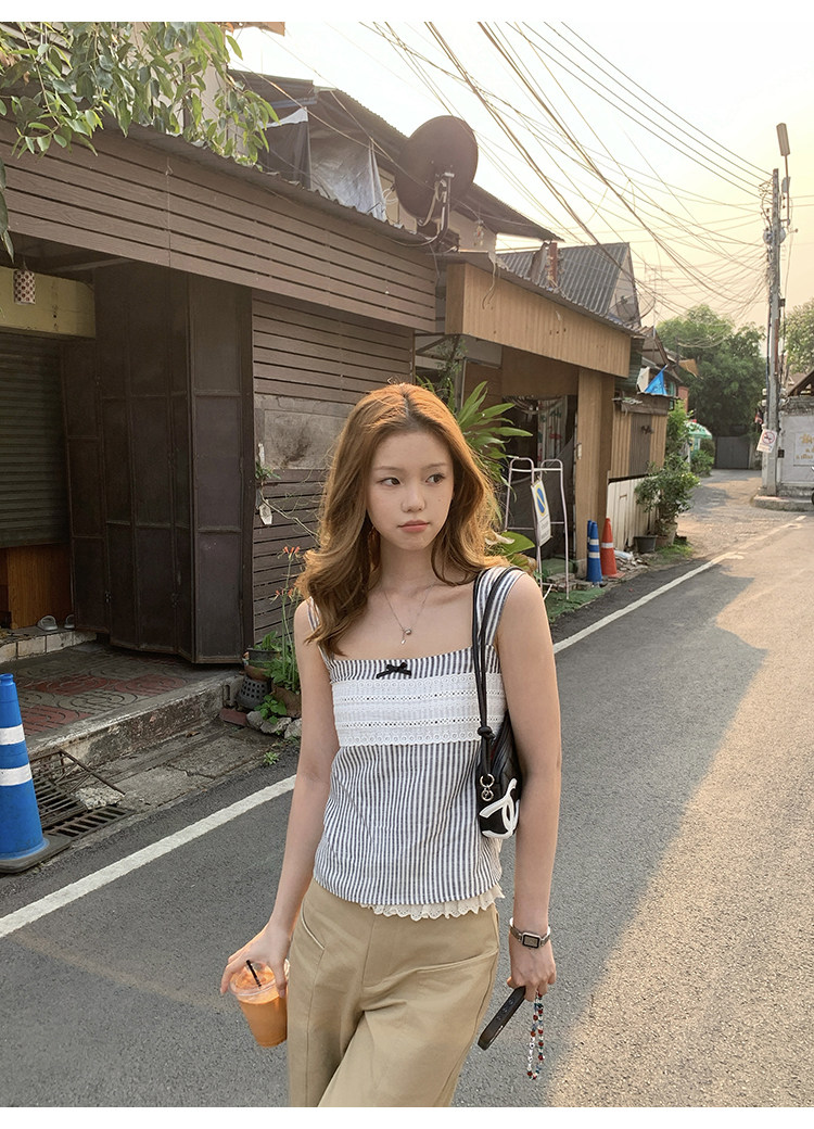 Tuuuh майка женская с квадратным вырезом в полоску без рукавов приталенная летняя