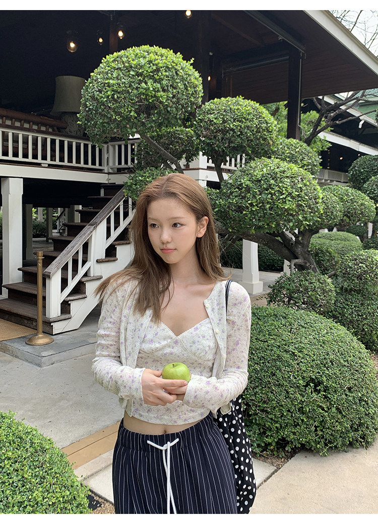 Tuuuh альбом для рисования мелкий цветочный принт круглый вырез кардиган с длинными рукавами женский корейский стиль тонкий короткий топ