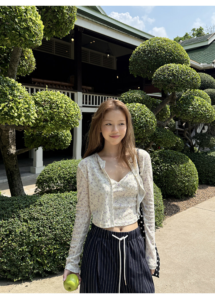 Tuuuh альбом для рисования мелкий цветочный принт круглый вырез кардиган с длинными рукавами женский корейский стиль тонкий короткий топ