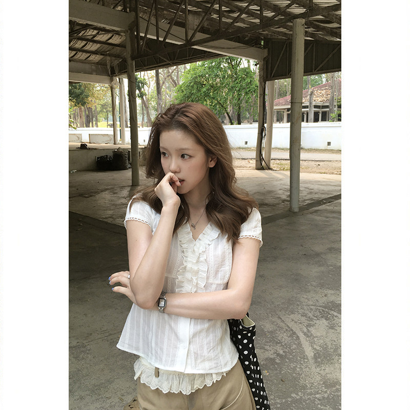 Tuuuh женская белая рубашка с французскими рюшами летняя V-образный вырез приталенная универсальная короткий рукав блузка
