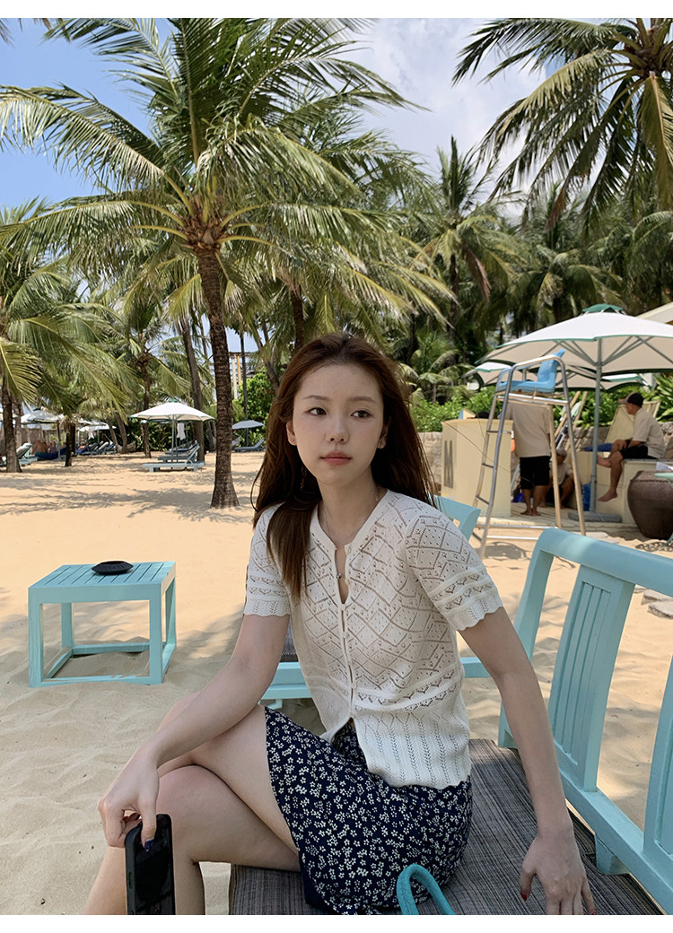 Tuuuh кардиган женский французский вязаный круглый вырез ажурный короткий рукав белая накидка блузка