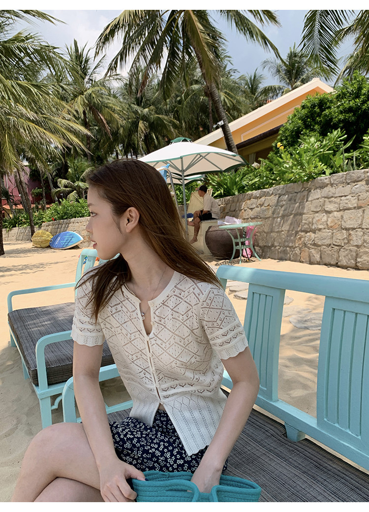 Tuuuh кардиган женский французский вязаный круглый вырез ажурный короткий рукав белая накидка блузка