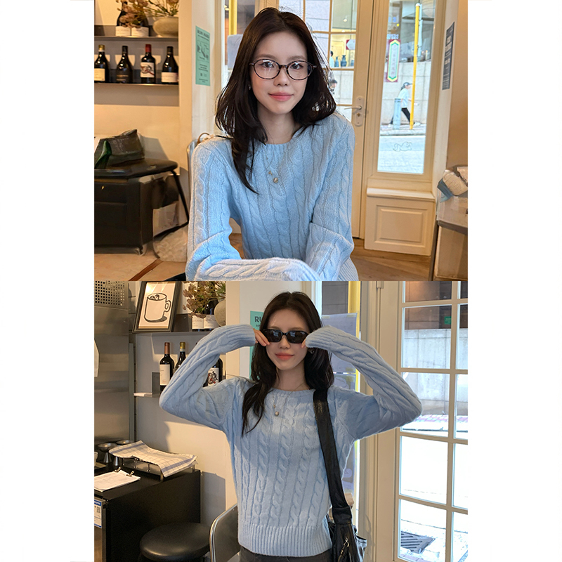 Tuuuh Picture Book【Clear Sky Island】Sheep Wool Light Blue Cable Knit Sweater Women's Autumn Round Neck Knitted Top