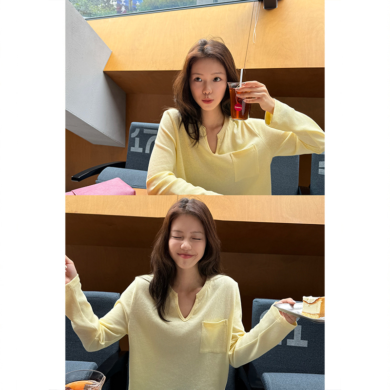 Tuuuh Picture Book [Creamy Little V] Creamy Yellow V-Neck Pocket Long-Sleeve Top Casual Relaxed T-Shirt