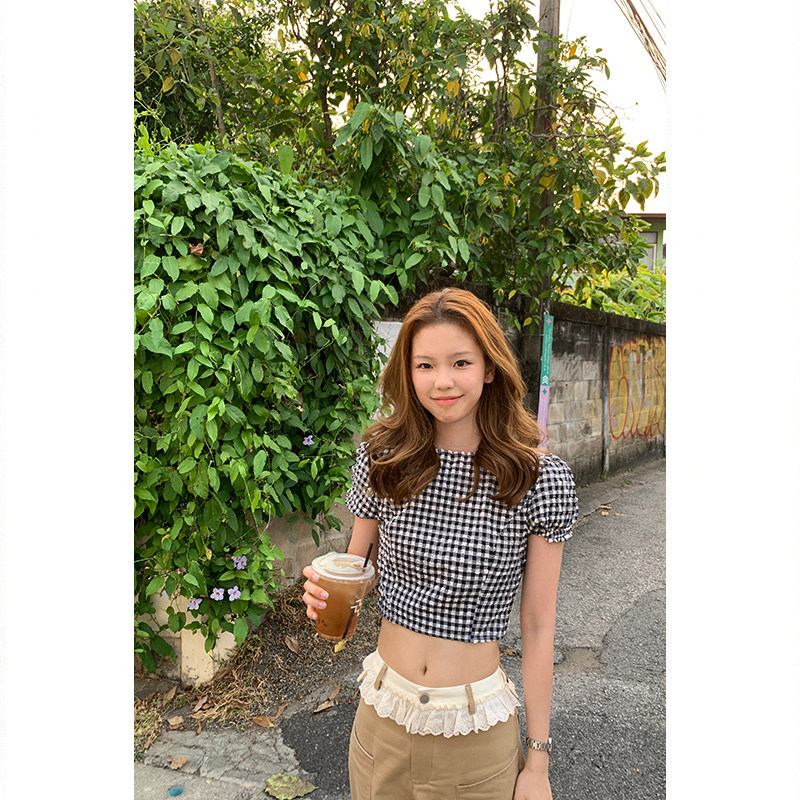 Tuuuh рубашка женская клетчатая с пуфовыми рукавами приталенная короткая блузка летняя