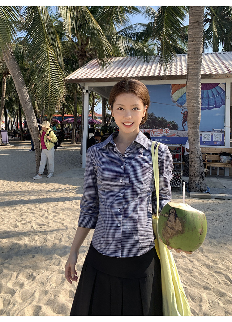 Tuuuh рубашка женская с рукавами три четверти отложным воротником весна-осень корейский стиль повседневная стройнящая универсальная в клетку