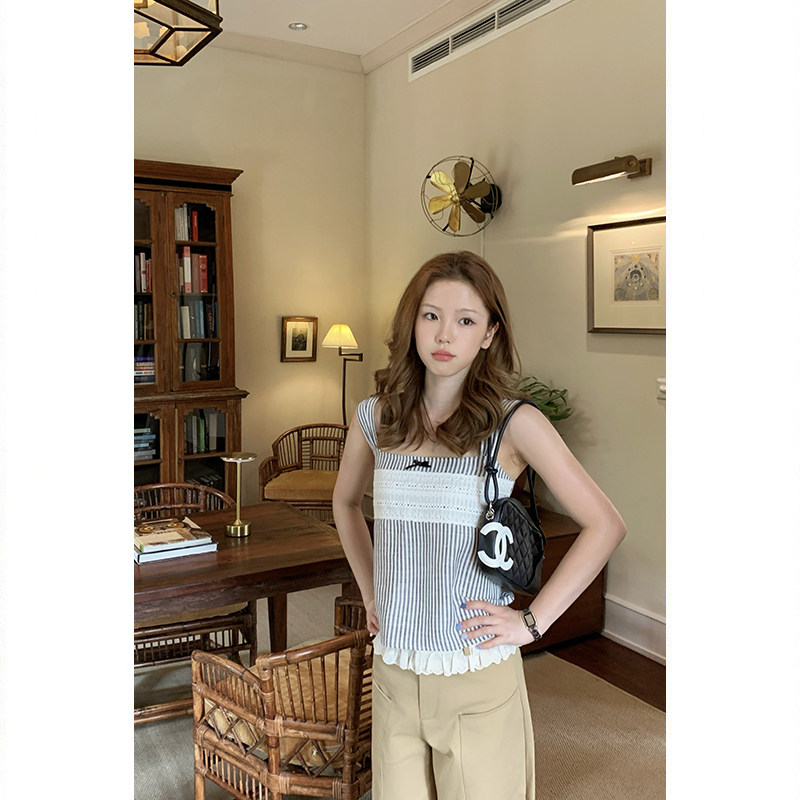 Tuuuh майка женская с квадратным вырезом в полоску без рукавов приталенная летняя