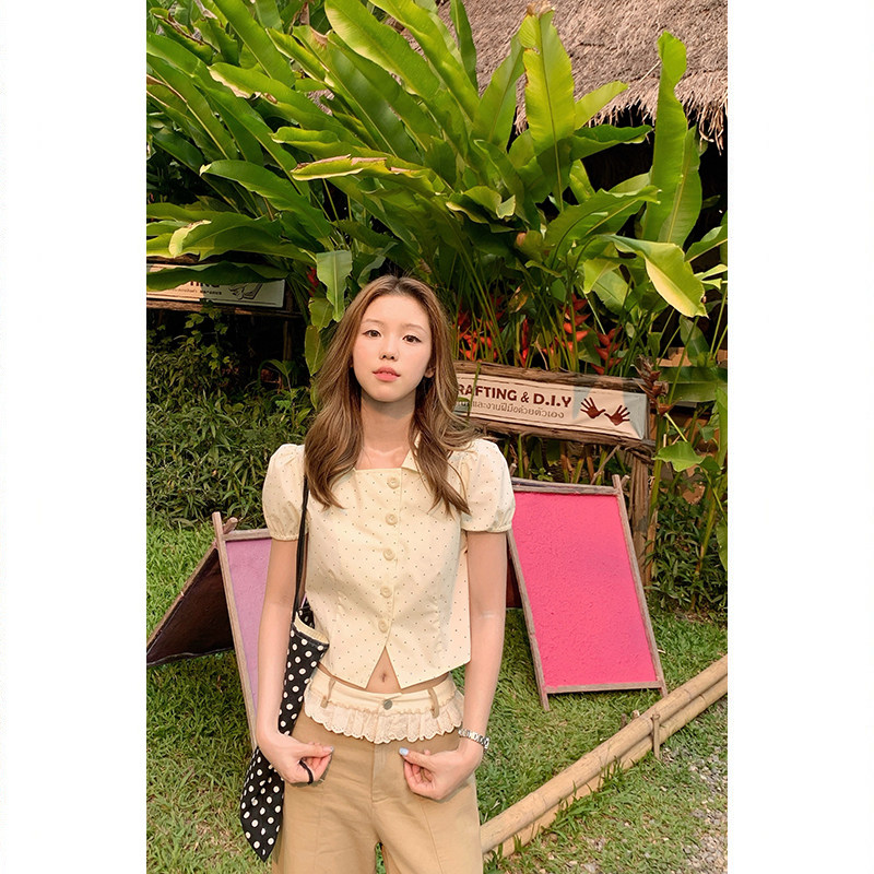 Tuuuh рубашка женская с коротким рукавом и воротником-стойкой в горошек приталенная летняя