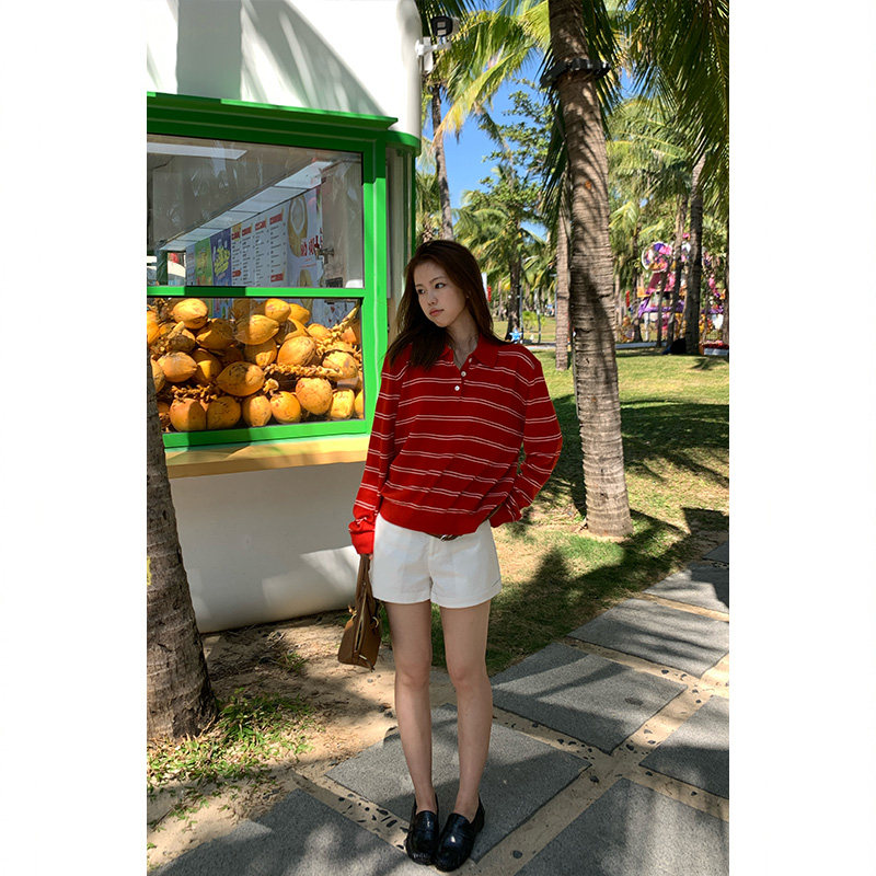 Tuuuh женский красный вязаный свитер с воротником поло в полоску, корейский стиль, винтаж, повседневный, стройнящий