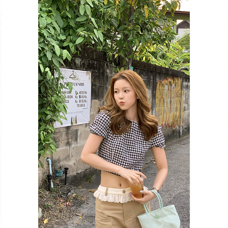 Tuuuh рубашка женская клетчатая с пуфовыми рукавами приталенная короткая блузка летняя