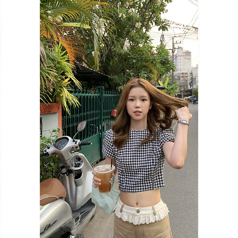 Tuuuh рубашка женская клетчатая с пуфовыми рукавами приталенная короткая блузка летняя