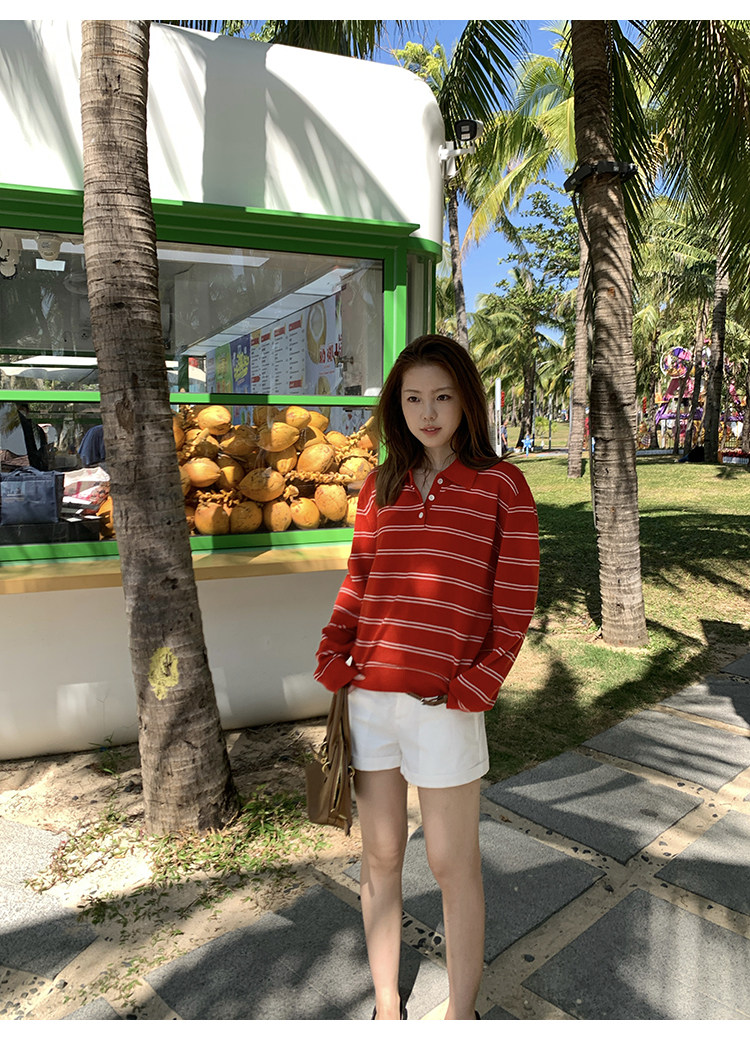 Tuuuh женский красный вязаный свитер с воротником поло в полоску, корейский стиль, винтаж, повседневный, стройнящий