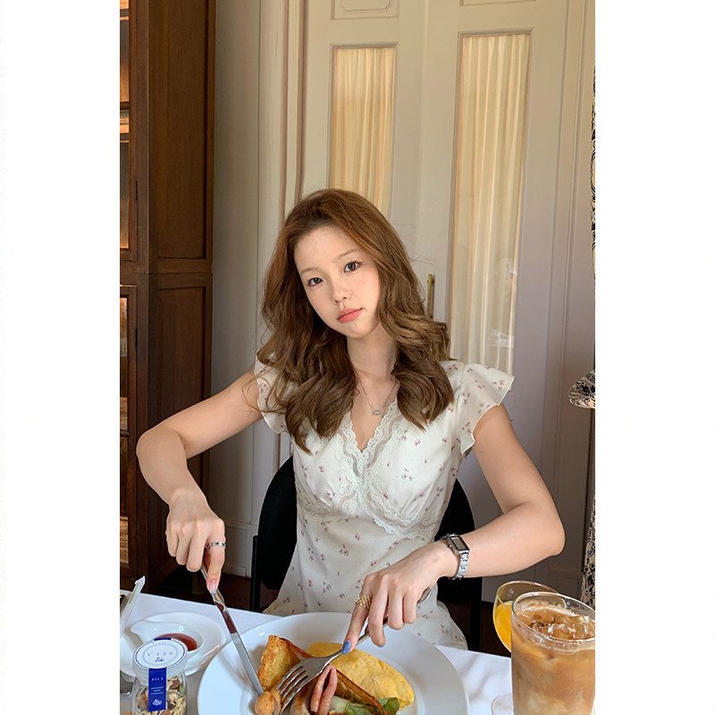 Tuuuh летнее платье с цветочным принтом, V-образный вырез, кружевные вставки, короткие рукава