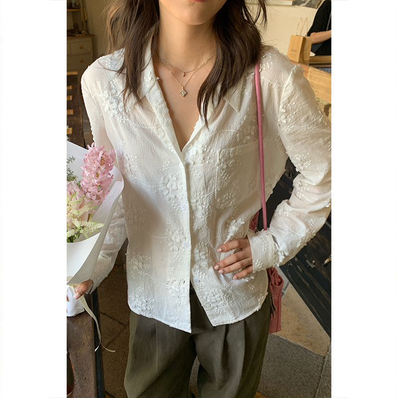 Tuuuh Picture Book [Clear Embroidery] White Lapel Embroidered Long-Sleeved Shirt, Feminine Shirt