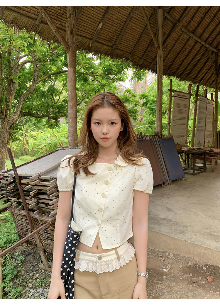 Tuuuh рубашка женская с коротким рукавом и воротником-стойкой в горошек приталенная летняя