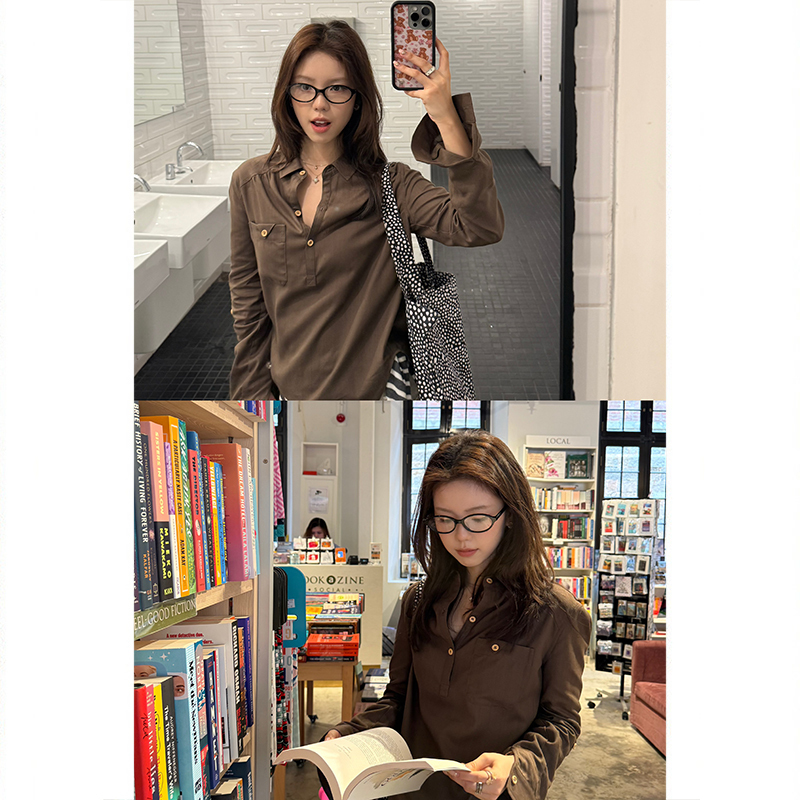 Tuuuh Picture Book [Coffee Green Shirt] Coffee Green Collared Shirt for Women, Autumn Workwear Long-Sleeved Top