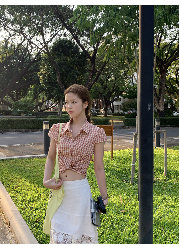 Tuuuh рубашка женская клетчатая с отложным воротником короткая с коротким рукавом весна-лето корейский стиль приталенная офисная блузка