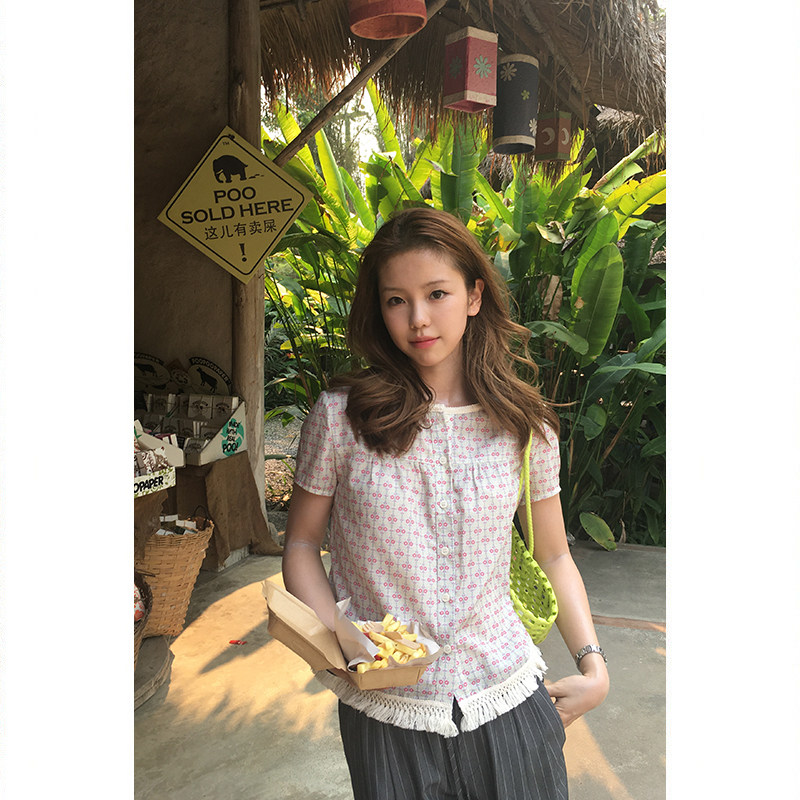 Tuuuh рубашка с короткими рукавами в цветочек женская винтажная корейский стиль весна-лето повседневная универсальная с бахромой стройнящая блузка