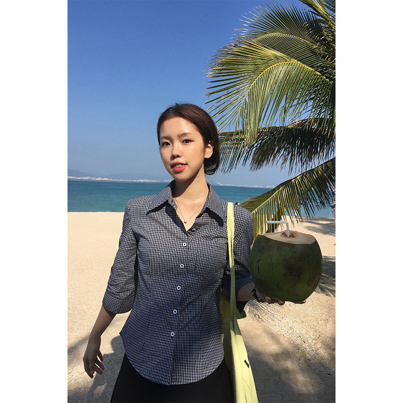 Tuuuh рубашка женская с рукавами три четверти отложным воротником весна-осень корейский стиль повседневная стройнящая универсальная в клетку