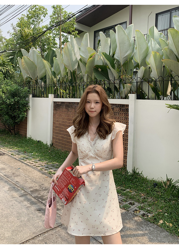 Tuuuh летнее платье с цветочным принтом, V-образный вырез, кружевные вставки, короткие рукава