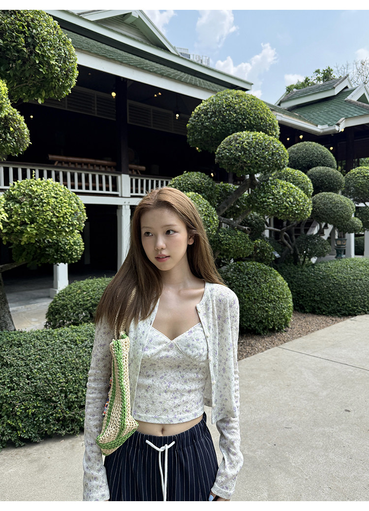 Tuuuh альбом для рисования мелкий цветочный принт круглый вырез кардиган с длинными рукавами женский корейский стиль тонкий короткий топ