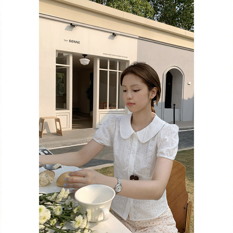 Tuuuh блузка белая с кукольным воротником и рукавами-буфами женская весна-лето французская кружевная жаккардовая милая рубашка
