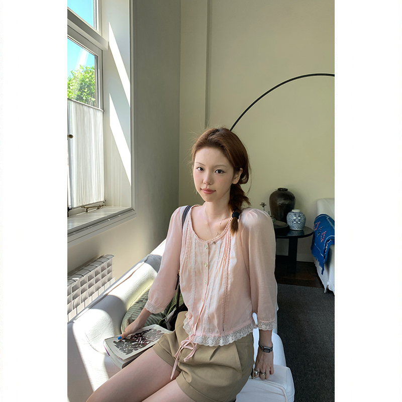 Tuuuh Picture Book【Light Pink Blouse】Light Pink Square-Neck Lace Linen Shirt for Women, Summer Puff Sleeve Top