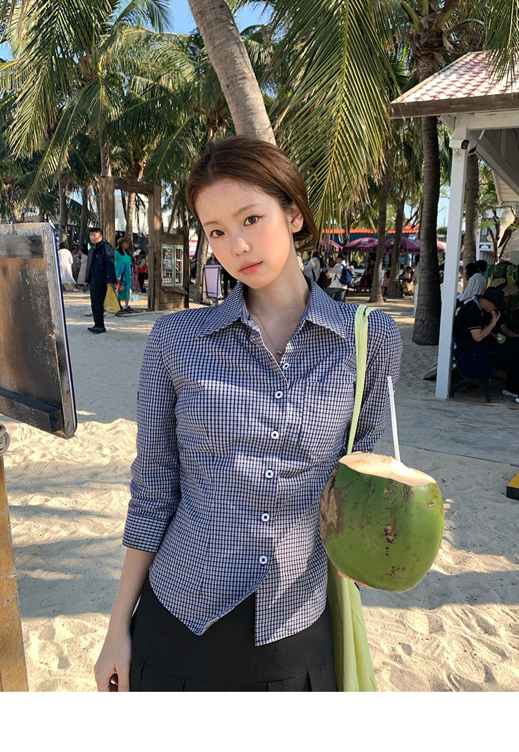 Tuuuh рубашка женская с рукавами три четверти отложным воротником весна-осень корейский стиль повседневная стройнящая универсальная в клетку