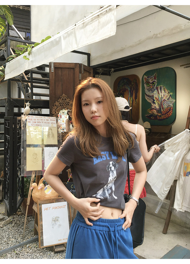 Tuuuh футболка женская с принтом собачки свободная с коротким рукавом 2026 летняя новинка американский ретро стиль