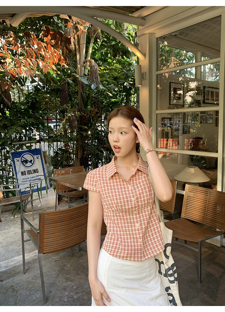Tuuuh рубашка женская клетчатая с отложным воротником короткая с коротким рукавом весна-лето корейский стиль приталенная офисная блузка