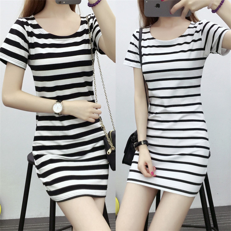 Women's Summer New Black and White Striped Round Neck Short-Sleeved Mid-Length Dress Versatile Slim-Fitting Bodycon Skirt