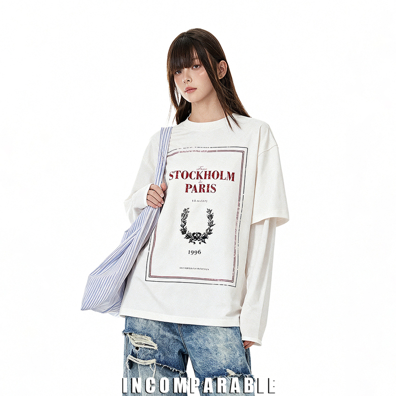 【Celebrity Style】Zi Yu's Same Style Fake Two-Piece Long-Sleeve T-Shirt with Trendy Brand Print and Mesh Sleeve Long-Sleeve Top