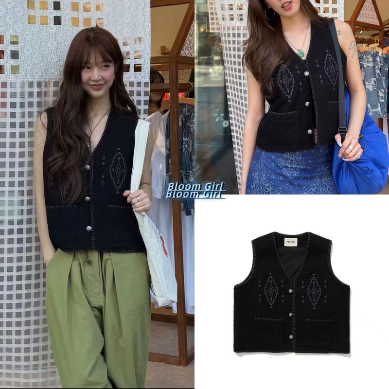 Niche Designer Brand Fritur 26Ss Retro Embroidered Black Short Layered Knitted Vest for Women Niche Designer Brand Fritur 26Ss Retro Embroidered Black Short Layered Knitted Vest for Women