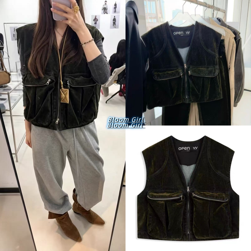 Small Quantity in Stock *Open Yy 26 Early Autumn New Style Velvet Denim Retro Workwear Vest Jacket