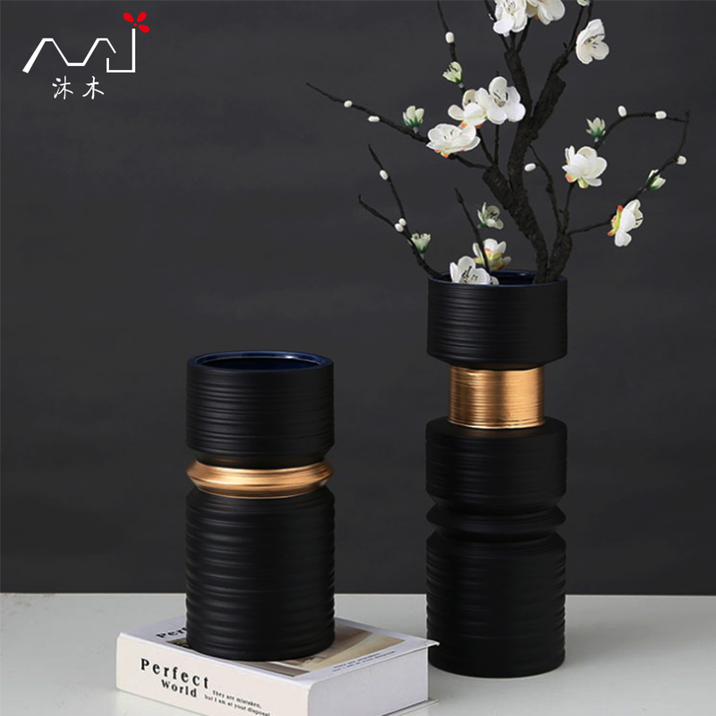 New Chinese-Style Light Luxury Black and White Gold Ceramic Vase, Nordic Modern Living Room Dining Table, Entryway Bookshelf, Artificial Flower Arrangement Vessel