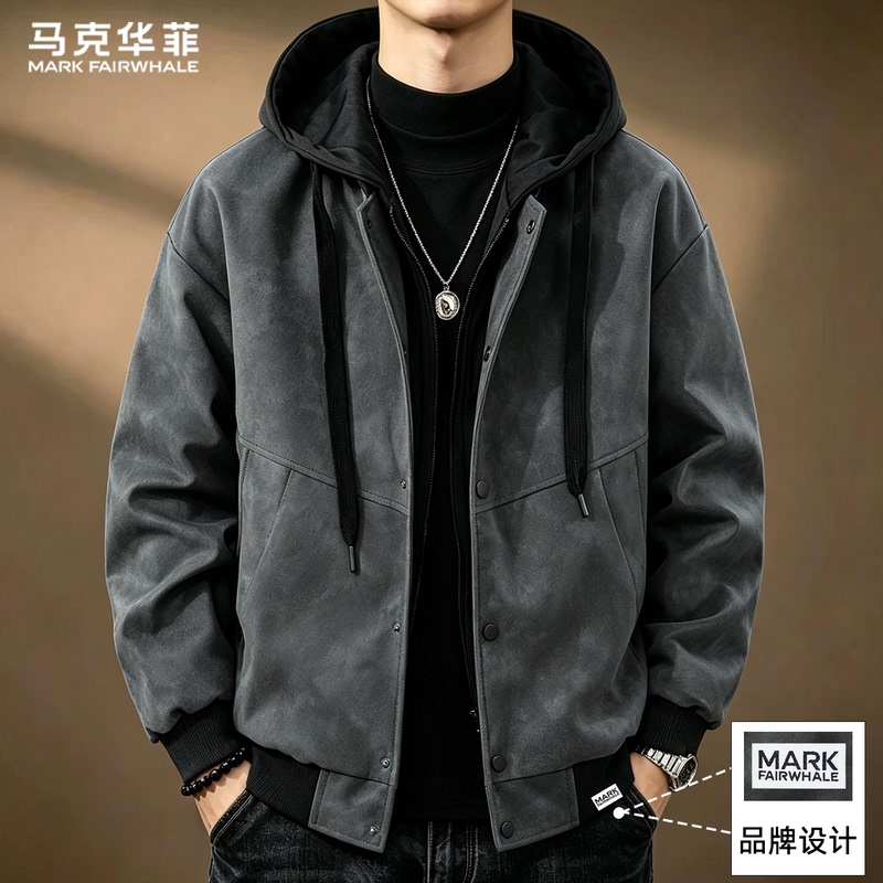 Mark Hua Fei Men's Jacket with Hood, Faux Two-Piece Pu Leather Jacket, Men's Autumn American Retro Cool Casual Style Mark Hua Fei Men's Jacket with Hood, Faux Two-Piece Pu Leather Jacket, Men's Autumn American Retro Cool Casual Style
