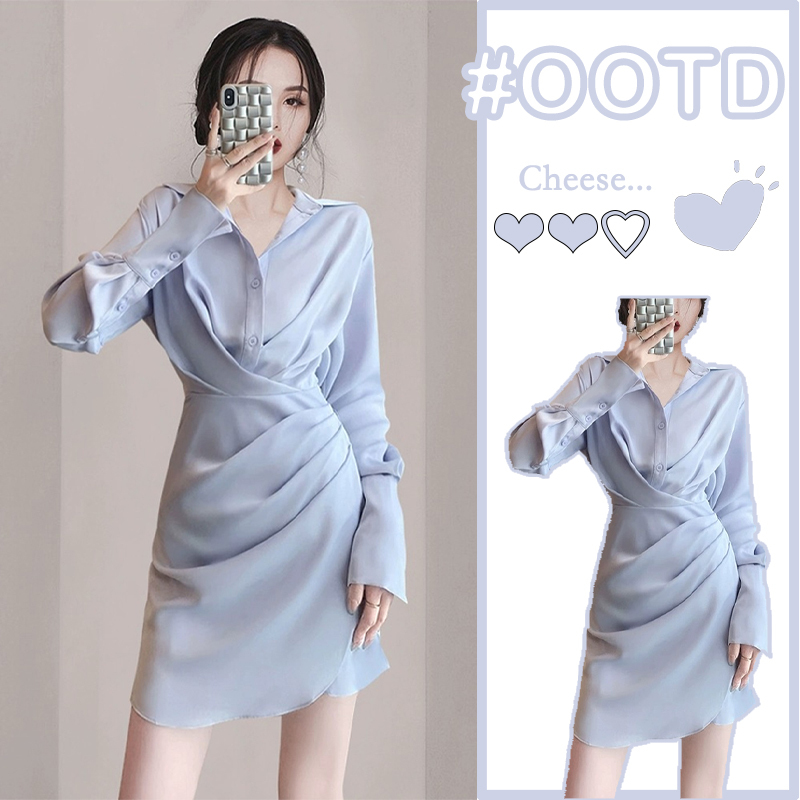 Original Italian Export Women's Autumn Fashion Satin Irregular Blue Shirt Dress