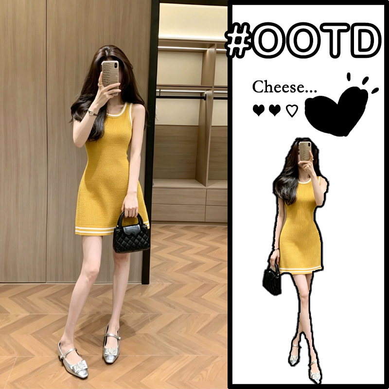 New Foreign Trade Product: Summer Women's Fashion, Casual Ginger Yellow Sleeveless Knitted Vest Dress with a Fitted Waist and Bodycon Design New Foreign Trade Product: Summer Women's Fashion, Casual Ginger Yellow Sleeveless Knitted Vest Dress with a Fitted Waist and Bodycon Design