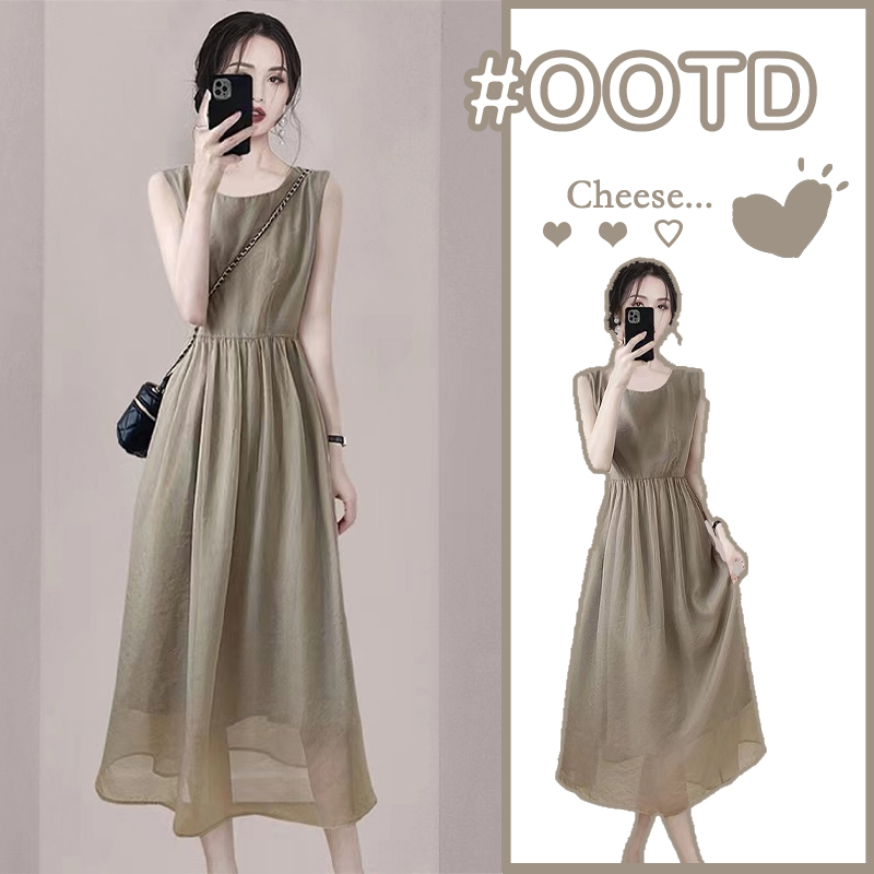 Original Export Cut-Label Italian Summer Women's Dress in Khaki Color, High-End Chiffon, Round Neck, Waist-Cinching, Sleeveless Long Dress