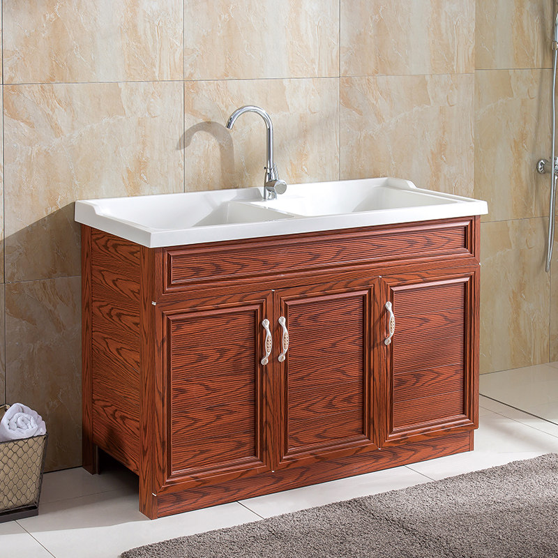 Custom-cut corner space aluminum laundry cabinet balcony with washboard quartz stone integrated countertop small apartment floor-to-ceiling laundry pool