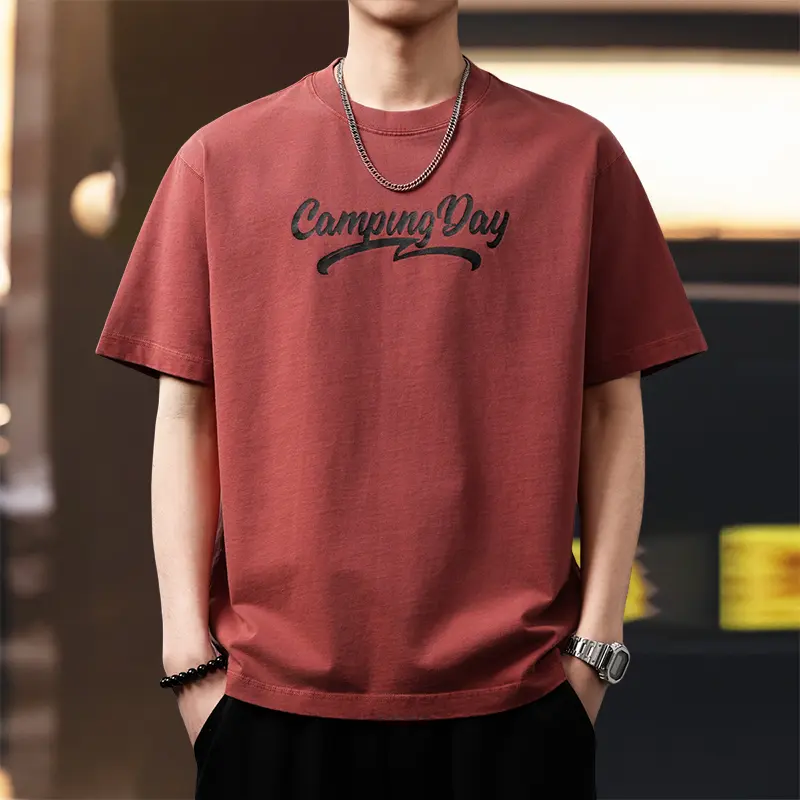 MR.MUDI/Mr. Mudi ハイエンド アメリカン レトロ ピュアコットン プリント 半袖Tシャツ メンズ 夏用 ヘビーウェイト レッド クルーネック
