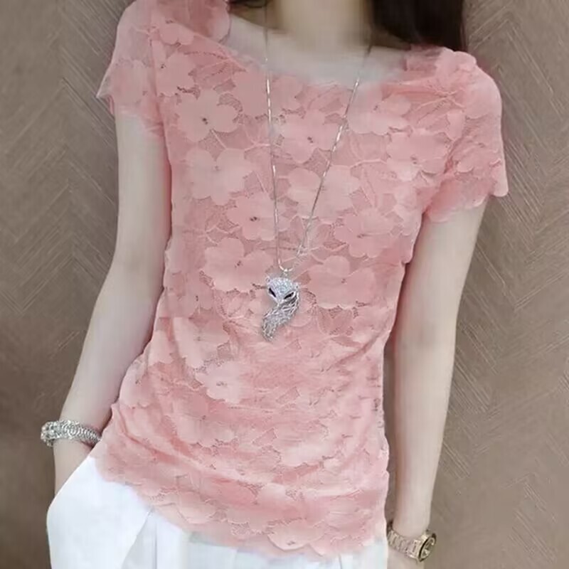 European Style Summer New Sexy Hollow Lace Base Shirt for Women, Fashionable and Stylish Short-Sleeved Mesh Top, Thin Style