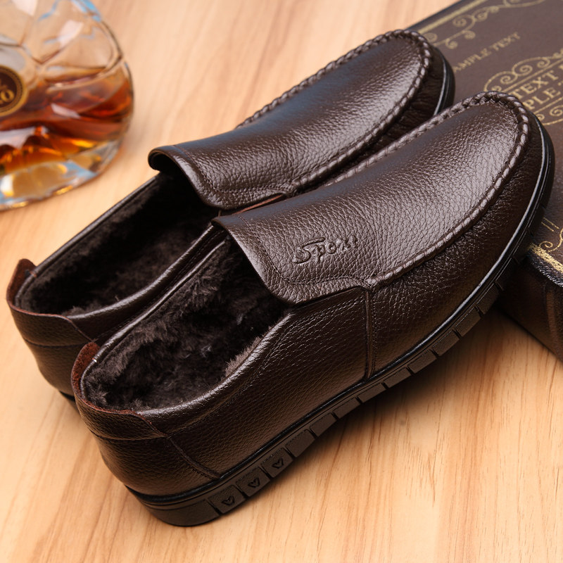 Winter Gush Leather Shoes Man Genuine Leather Casual Middle Aged Dad Shoes Warm Soft Bottom Non-slip Grandpa Shoes Old Man Cotton Shoes