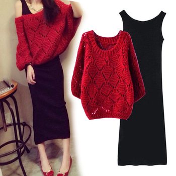 Spring and autumn all-match long skirt suit women 2020 new solid color loose openwork sweater two-piece knitted thin vest