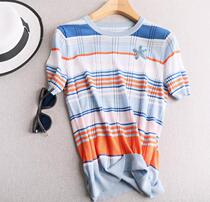 Fresh Tencel silk starfish nail beads colored stripes thin knitted short sleeve top women