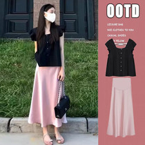 Maternity suit summer new fashion sleeveless doll collar shirt top belly support satin skirt two-piece set