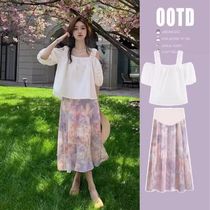 Maternity suit summer sweet square neck off-shoulder puff sleeve baby blouse top belly support pleated skirt two-piece set
